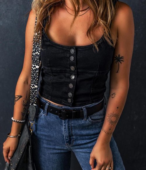 Black Acid Wash Buttoned Cropped Denim Cami Top | Women Sleeveless Tops
