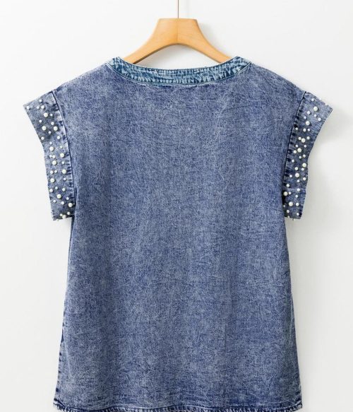 Dusk Blue Acid Wash Pearl Embellishment Round Neck Denim Top | Women Blouses