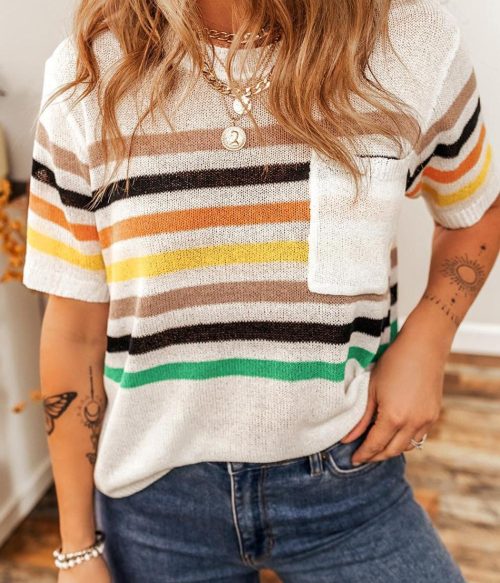 White Colorful Striped Pocket Loose Fit Knitted T Shirt | Women Knit Tops